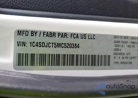 2021 Dodge Durango R/T из США, поврежденный, VIN 1C4SDJCT5MC520384